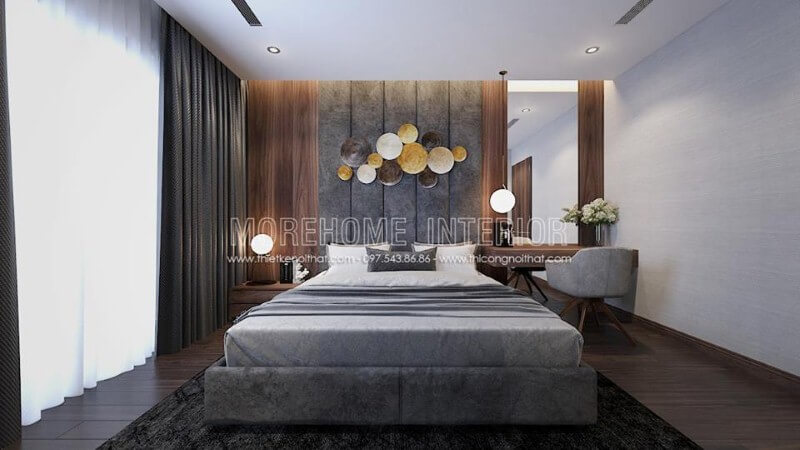 Cửa phòng ngủ ấn tượng với vị trí cùng kích thước lớn giúp bạn có thể tận hưởng tối đa nguồn sinh khí tuyệt vời từ tự nhiên. Thiết kế chung cư