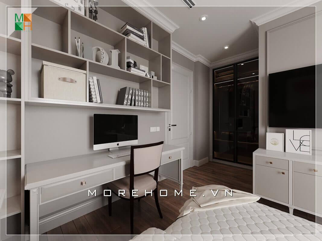 Giới thiệu mẫu thiết kế nội thất bàn làm việc và kệ sách treo tường phòng ngủ đẹp mang phong cách hiện đại. Chất liệu sản xuất chính là gỗ công nghiệp cao cấp An Cường rất đẹp mắt và màu sắc trang trí phù hợp với màu sắc căn phòng. Thiết kế chung cư
