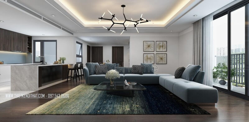 Trang trí nội thất phòng khách với gam màu xanh trẻ trung, năng động, đồ nội thất hiện đại đơn giản nhưng đáp ứng công năng. Thiết kế phòng khách chung cư hiện đại