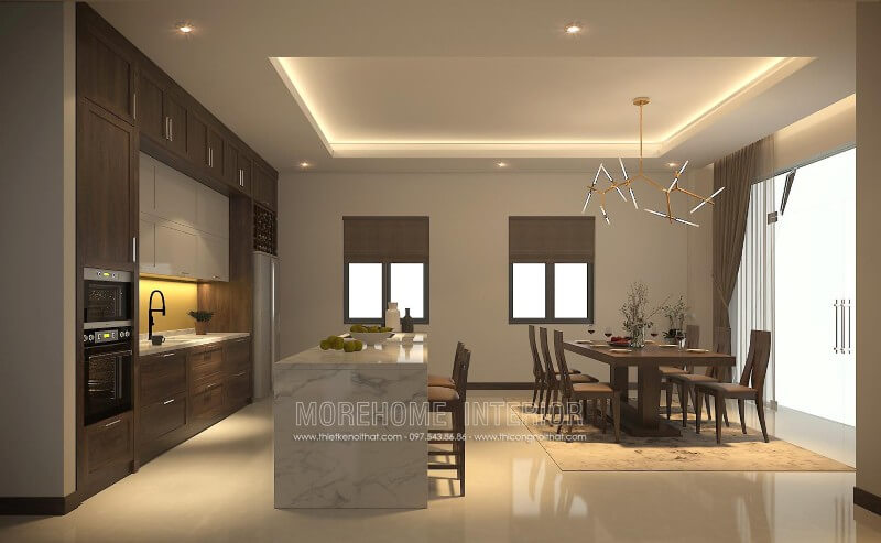 Thiết kế tủ bếp biệt thự liền kề với khu vực ăn uống tạo cảm giác thuận tiện cho gia chủ Tủ bếp đẹp, tủ bếp đẹp hiện đại, tủ bếp An Cường, tủ bếp cao cấp