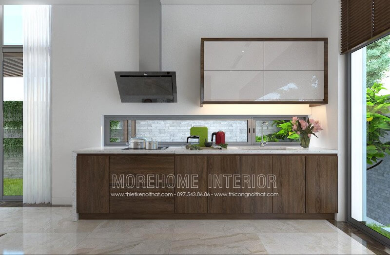 Thiết kế tủ bếp gỗ nhập khẩu kết hợp Acrylic là sự lựa chọn lý tưởng cho các không gian nhỏ khiến căn bếp biệt thự như rộng thoáng hơn so với thực tế mà vẫn toát lên vẻ sang trọng, đẳng cấp Tủ bếp đẹp, tủ bếp đẹp hiện đại, tủ bếp An Cường, tủ bếp cao cấp
