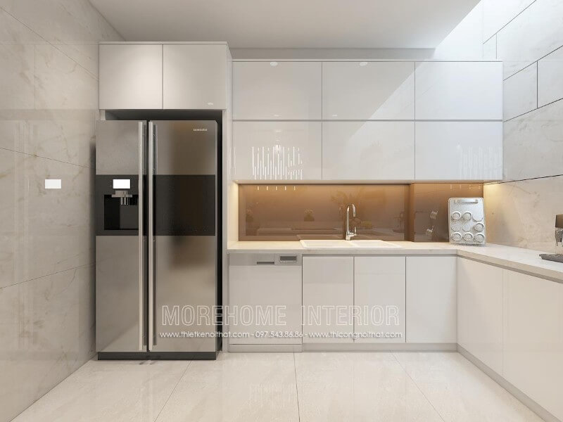 Mẫu thiết kế tủ bếp gỗ công nghiệp ấn tượng đúng ý của gia chủ được hoàn thiện bởi Morehome. Tủ bếp đẹp, tủ bếp đẹp hiện đại, tủ bếp An Cường, tủ bếp cao cấp