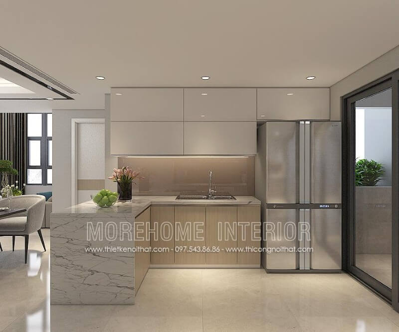 Tủ bếp đẹp đầy ấn tượng, tủ bếp treo phía trên sử dụng chất liệu gỗ Acrylic màu trắng tinh tế, tạo điểm nhấn lạ mắt cho không gia này, ở phía tủ bếp dưới, KTS lựa chọn gam màu vàng nhạt bằng chất liệu gỗ Melamine tạo nên không gian sang trọng tinh tế hơn Tủ bếp đẹp, tủ bếp đẹp hiện đại, tủ bếp An Cường, tủ bếp cao cấp