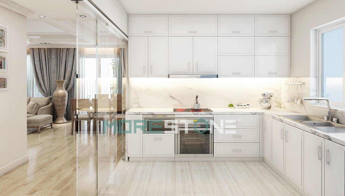 Đá trắng vân mây tạo cho căn bếp không gian sạch sẽ, hài hòa với thiết kế của tủ bếp Tủ bếp đẹp, tủ bếp đẹp hiện đại, tủ bếp An Cường, tủ bếp cao cấp