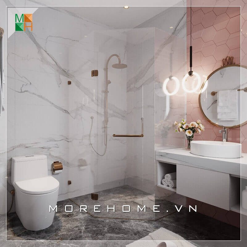 Mẫu thiết kế phòng tắm nhỏ với đầy đủ tiện nghi nhờ sự sắp xếp, bố trí hợp lý, phù hợp chung cư, nhà phố hiện đại