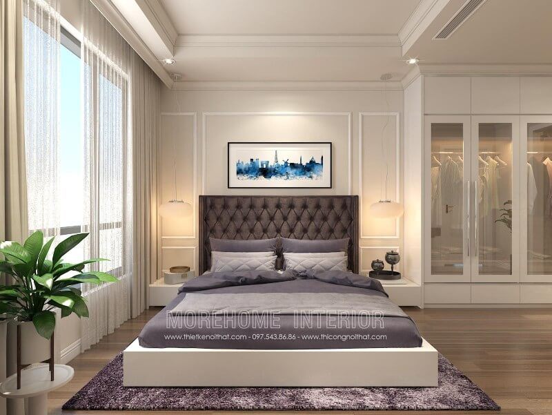 Giường ngủ biệt thự được thiết kế bằng chất liệu gỗ công nghiệp phun sơn trắng cao cấp, phần đầu giường được lựa chọn bọc nỉ nhung màu tối để tạo nên một điểm nhấn huyền bí và đẳng cấp hơn cho căn phòng.