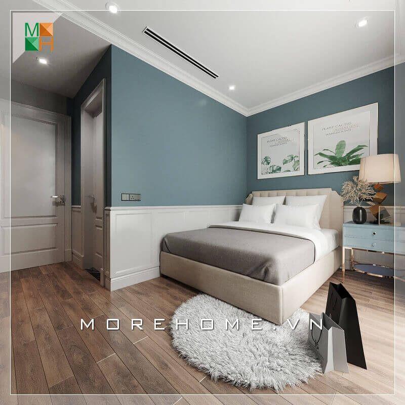 Giường bọc nỉ cao cấp với màu kem sữa sang trọng đã tạo ra ấn tượng mạnh mẽ và phù hợp với không gian phòng ngủ hiện đại của căn hộ chung cư.